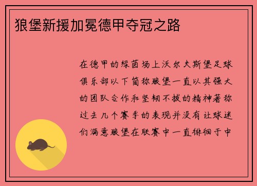 狼堡新援加冕德甲夺冠之路